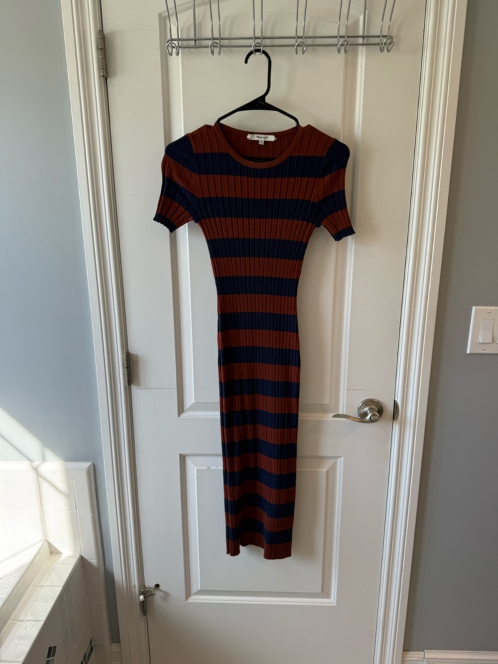 Madewell Chunky Maroon and Navy Striped Ribbed Body Con Midi Dress, size XS